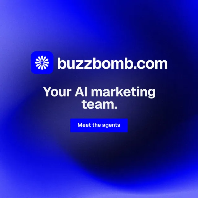 Instagram post for BuzzBomb: "Your AI marketing team." Swiss style, logo hero layout, dark palette in blue.