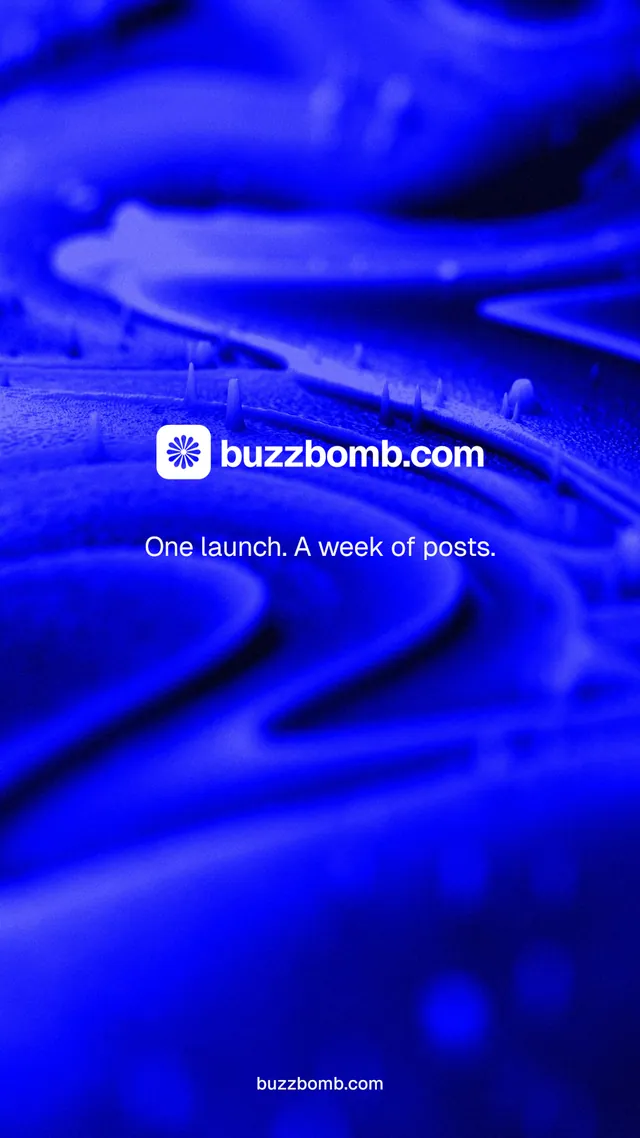 Instagram story for BuzzBomb: "One launch. A week of posts." Swiss style, end card layout, dark palette in blue.