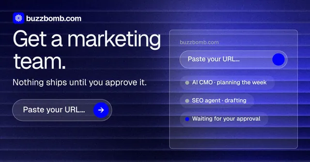 Social ad for BuzzBomb: "Get a marketing team." Agentic glass style, skeleton layout, dark palette in blue.