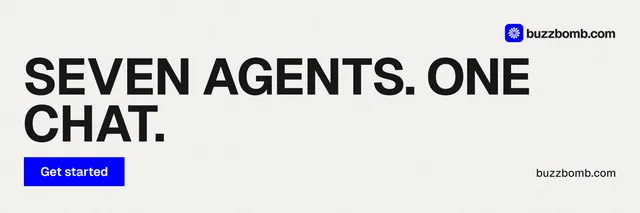 X header for BuzzBomb: "Seven agents. One chat." Swiss style, poster layout, light palette in white, grey.