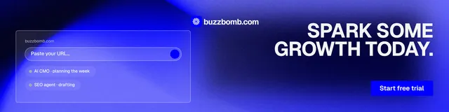 LinkedIn banner for BuzzBomb: "Spark some growth today." Swiss style, right layout, dark palette in blue.