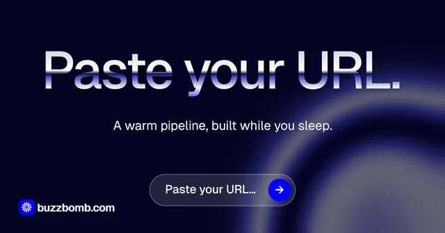 Social ad for BuzzBomb: "Paste your URL." Agentic glass style, centred layout, dark palette in black, grey, blue.