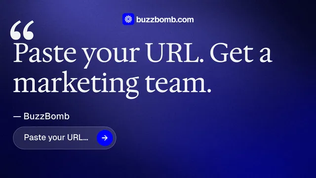 Landscape graphic for BuzzBomb: "One launch. A week of posts." Agentic glass style, quote layout, dark palette in blue.