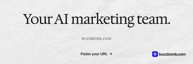X header for BuzzBomb: "Your AI marketing team." Swiss style, smallcaps layout, light palette in white, grey.