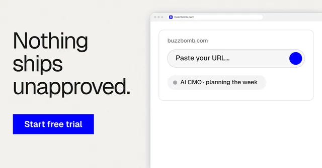 Social ad for BuzzBomb: "Nothing ships unapproved." Swiss style, browser layout, light palette in white, blue.