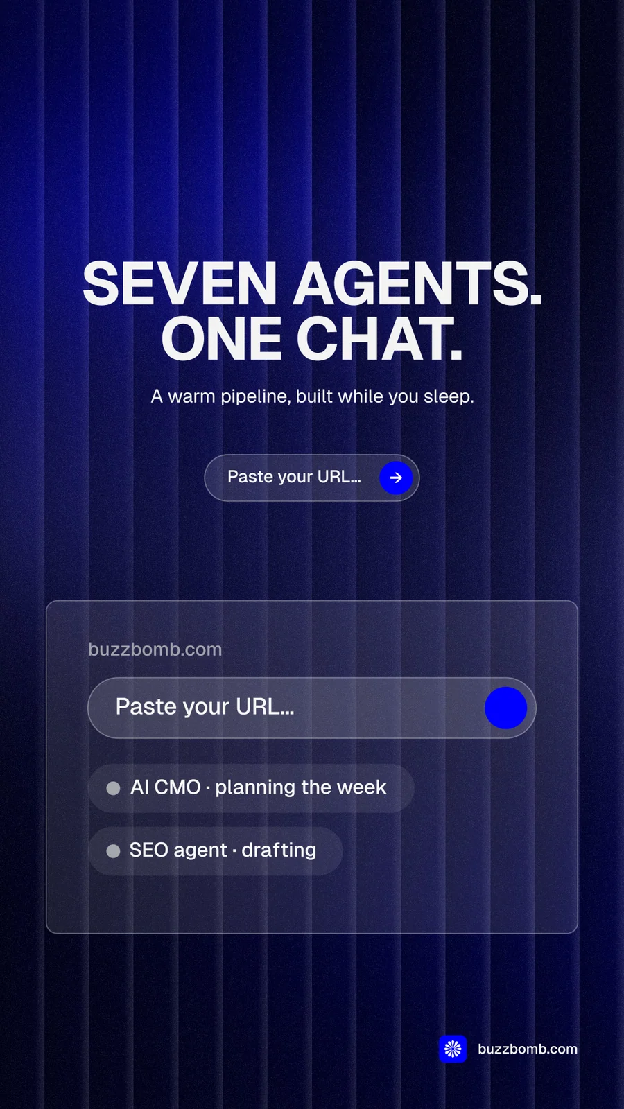Instagram story for BuzzBomb: "Seven agents. One chat." Agentic glass style, centred layout, dark palette in black, blue, grey.