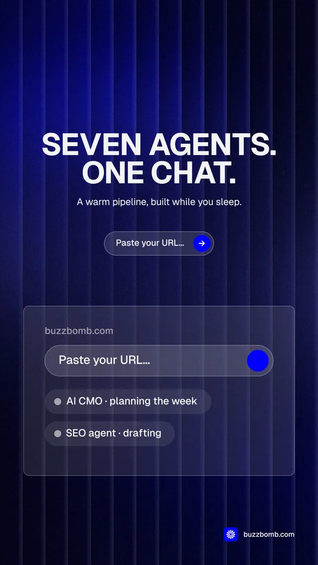 Instagram story for BuzzBomb: "Seven agents. One chat." Agentic glass style, centred layout, dark palette in black, blue, grey.