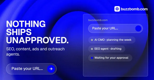 Social ad for BuzzBomb: "Nothing ships unapproved." Agentic glass style, bottom layout, dark palette in blue.