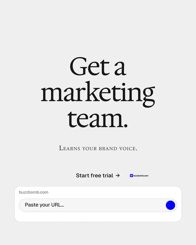 Instagram portrait post for BuzzBomb: "Get a marketing team." Swiss style, smallcaps layout, light palette in white, grey.