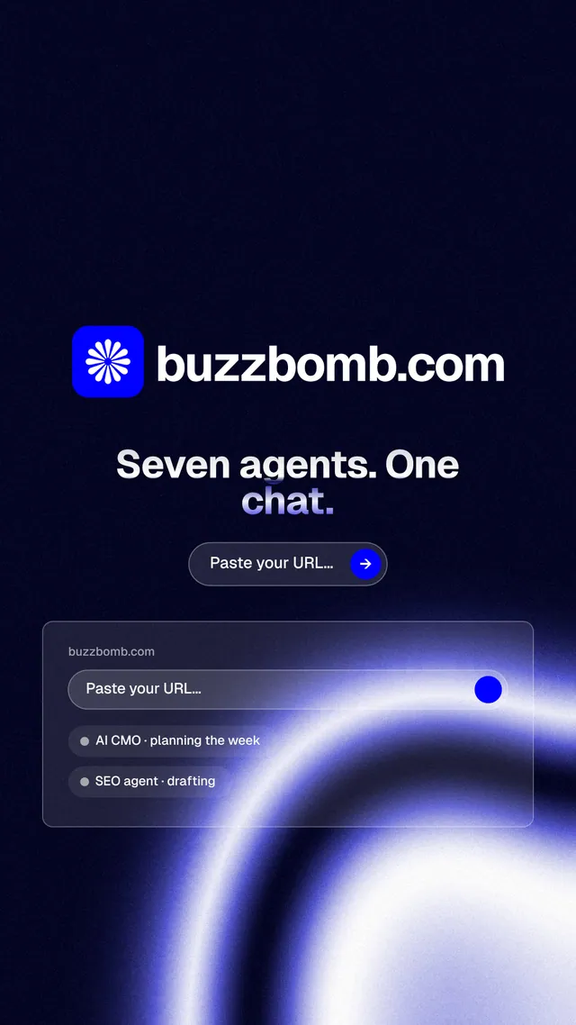 Instagram story for BuzzBomb: "Seven agents. One chat." Agentic glass style, logo hero layout, dark palette in black, blue.
