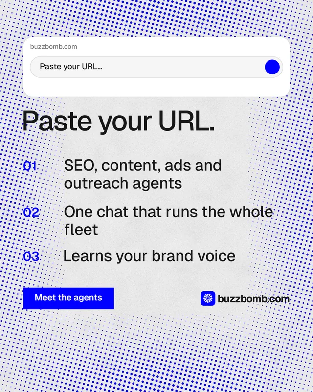 Instagram portrait post for BuzzBomb: "Paste your URL." Swiss style, numbered layout, light palette in blue, white.