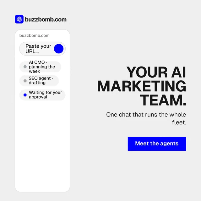 Instagram post for BuzzBomb: "Your AI marketing team." Swiss style, right layout, light palette in white, blue.
