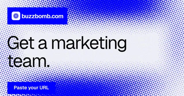 Social ad for BuzzBomb: "Get a marketing team." Split block style, announce layout, light palette in blue, white.
