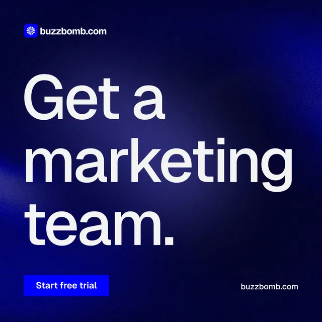 Instagram post for BuzzBomb: "Get a marketing team." Swiss style, poster layout, dark palette in black, blue, grey.