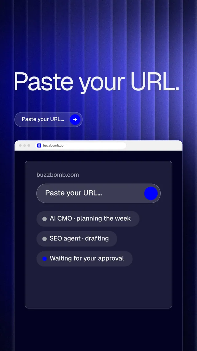 Instagram story for BuzzBomb: "Paste your URL." Agentic glass style, browser layout, dark palette in blue, black.