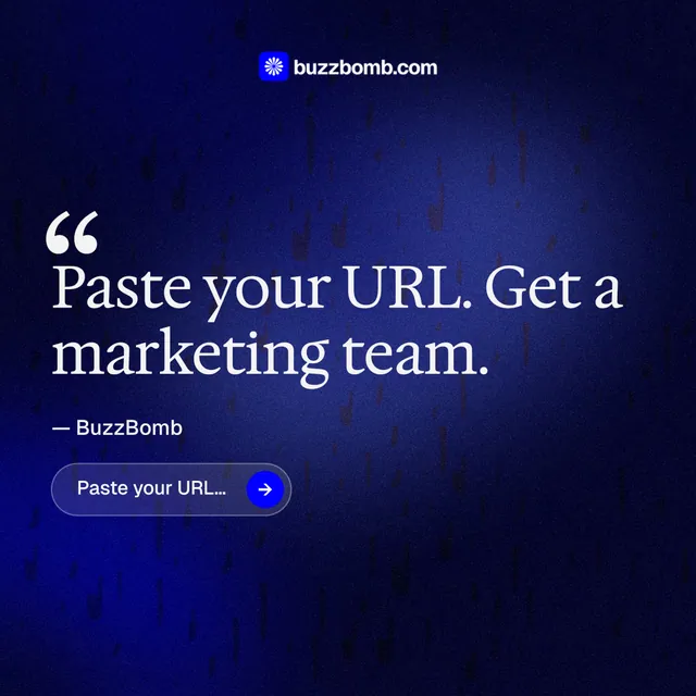 Instagram post for BuzzBomb: "Your AI marketing team." Agentic glass style, quote layout, dark palette in black, blue.
