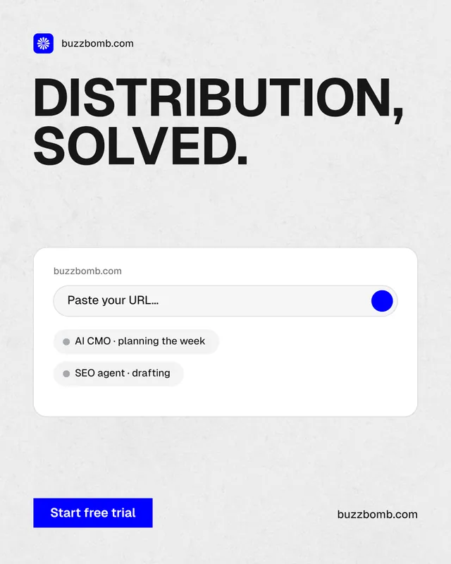 Instagram portrait post for BuzzBomb: "Distribution, solved." Swiss style, poster layout, light palette in white, grey.