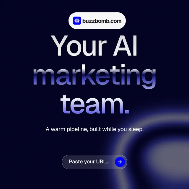 Instagram post for BuzzBomb: "Your AI marketing team." Agentic glass style, centred layout, dark palette in black, blue.