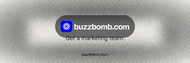 X header for BuzzBomb: "Get a marketing team." Swiss style, end card layout, light palette in grey, white.