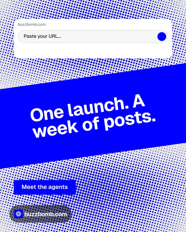 Instagram portrait post for BuzzBomb: "One launch. A week of posts." Swiss style, diagonal layout, light palette in blue, white.