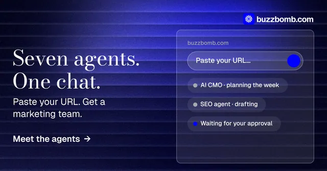 Social ad for BuzzBomb: "Seven agents. One chat." Minimal luxury style, bottom layout, dark palette in blue, black.