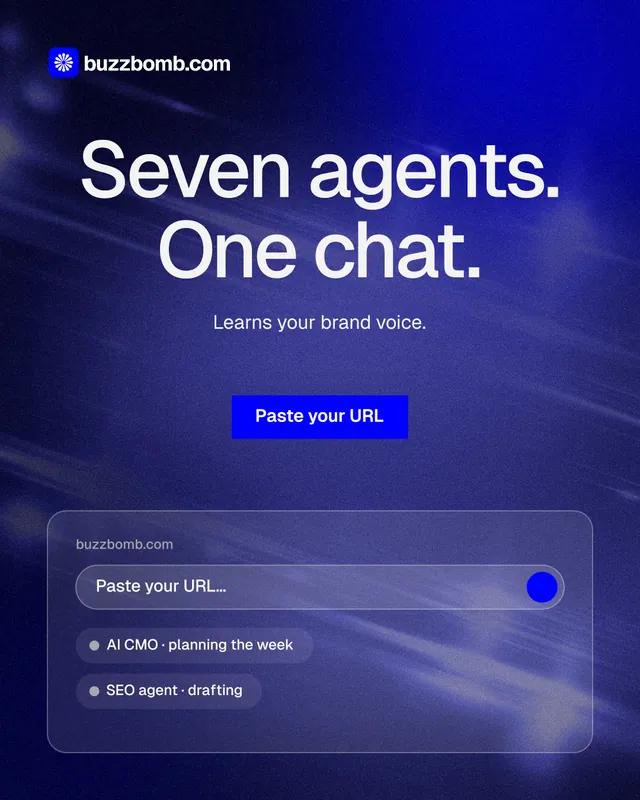 Instagram portrait post for BuzzBomb: "Seven agents. One chat." Swiss style, centred layout, dark palette in blue.
