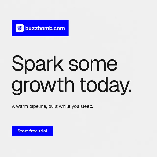 Instagram post for BuzzBomb: "Spark some growth today." Swiss style, announce layout, light palette in white, blue.