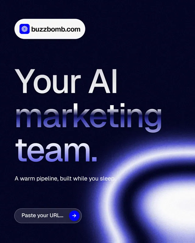 Instagram portrait post for BuzzBomb: "Your AI marketing team." Agentic glass style, announce layout, dark palette in black, blue.