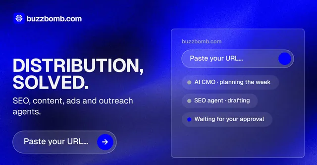 Social ad for BuzzBomb: "Distribution, solved." Agentic glass style, bottom layout, dark palette in blue.