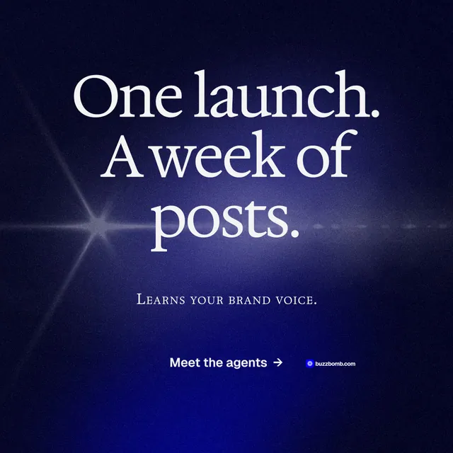 Instagram post for BuzzBomb: "One launch. A week of posts." Swiss style, smallcaps layout, dark palette in black, blue.
