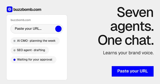 Social ad for BuzzBomb: "Seven agents. One chat." Swiss style, right layout, light palette in white, blue.