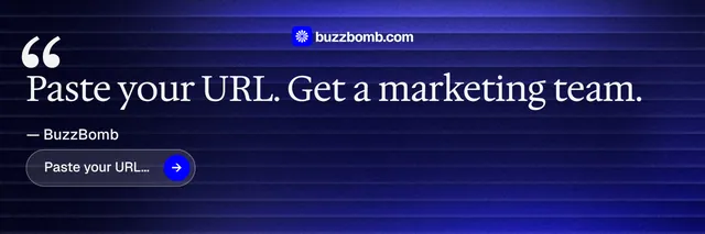 X header for BuzzBomb: "Your AI marketing team." Agentic glass style, quote layout, dark palette in blue, black.