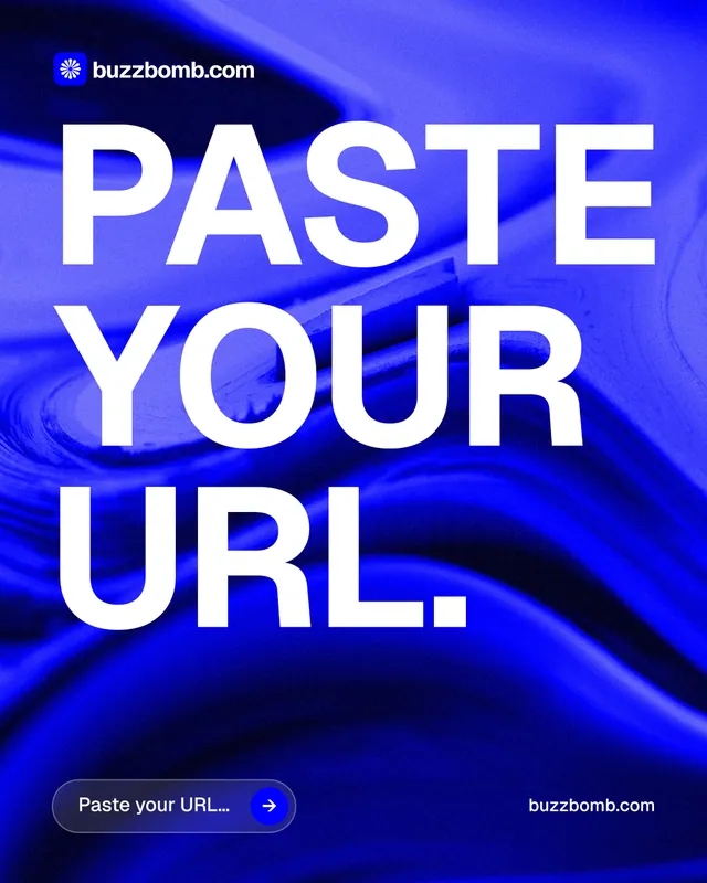 Instagram portrait post for BuzzBomb: "Paste your URL." Agentic glass style, poster layout, dark palette in blue, white.