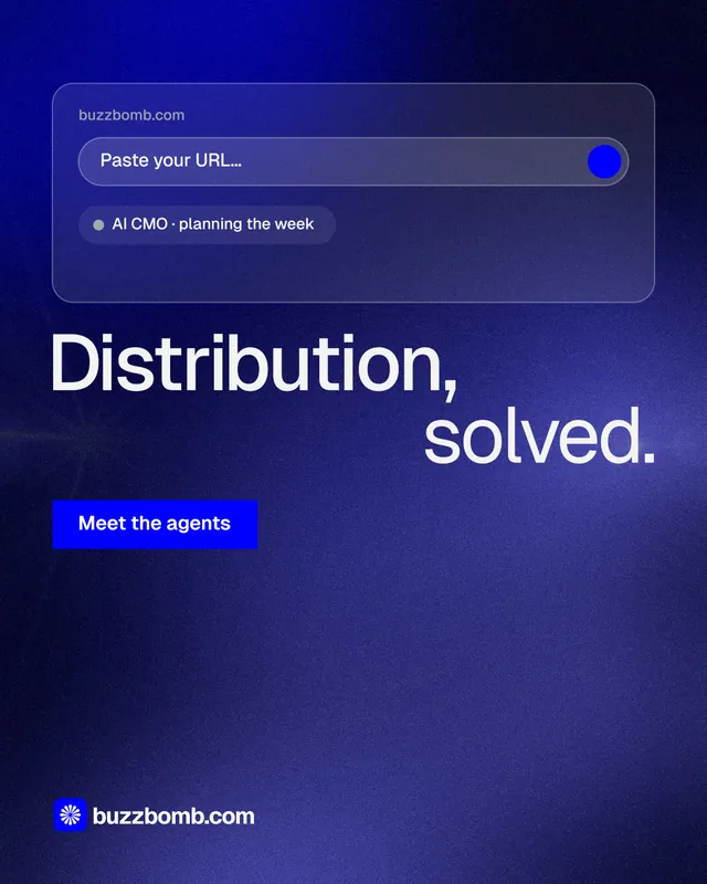 Instagram portrait post for BuzzBomb: "Distribution, solved." Swiss style, stacked layout, dark palette in blue.