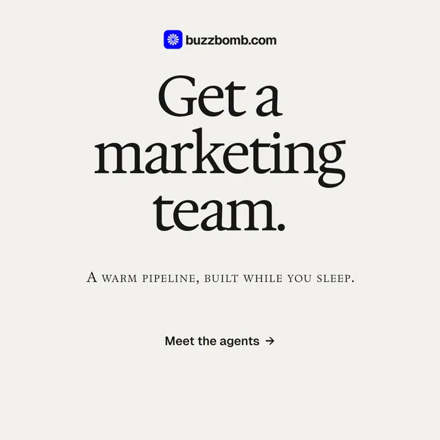 Instagram post for BuzzBomb: "Get a marketing team." Swiss style, smallcaps layout, light palette in white.