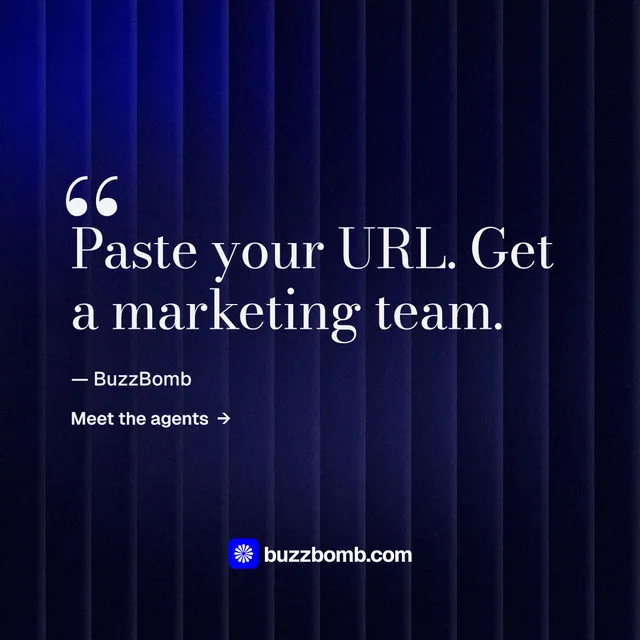 Instagram post for BuzzBomb: "Distribution, solved." Minimal luxury style, quote layout, dark palette in black, blue.
