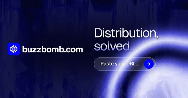 Social ad for BuzzBomb: "Distribution, solved." Agentic glass style, logo hero layout, dark palette in blue, black.