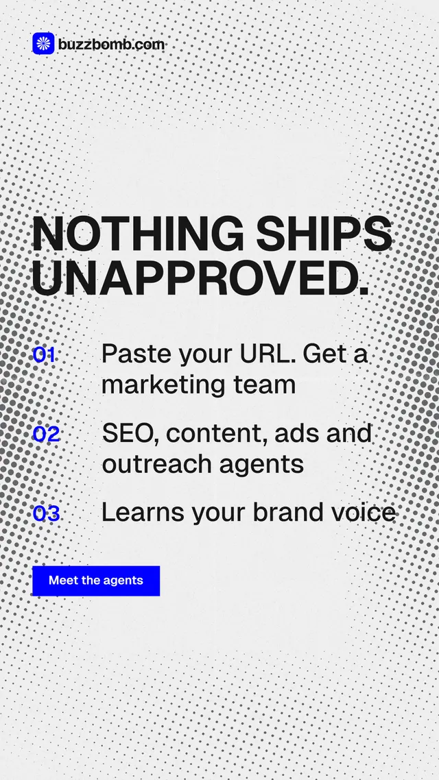 Instagram story for BuzzBomb: "Nothing ships unapproved." Swiss style, numbered layout, light palette in white, grey.
