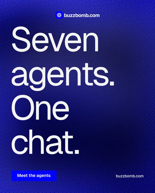 Instagram portrait post for BuzzBomb: "Seven agents. One chat." Swiss style, poster layout, dark palette in blue.