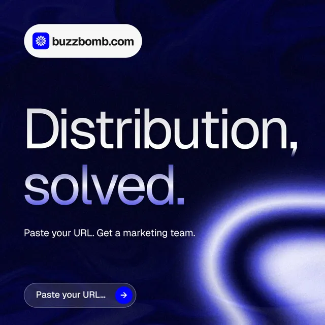 Instagram post for BuzzBomb: "Distribution, solved." Agentic glass style, announce layout, dark palette in black, blue.