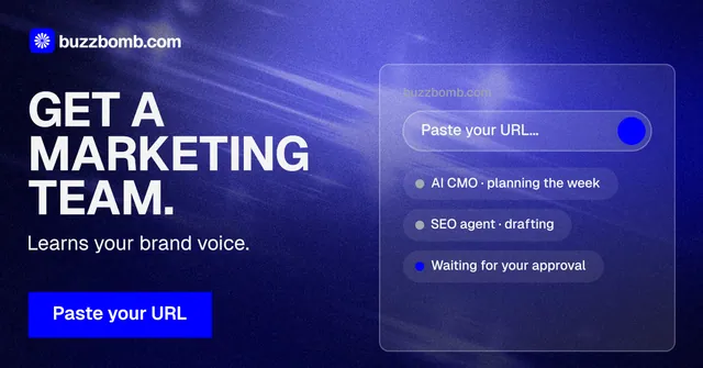 Social ad for BuzzBomb: "Get a marketing team." Swiss style, bottom layout, dark palette in blue.