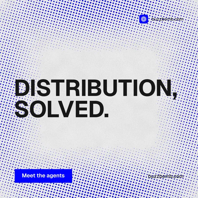 Instagram post for BuzzBomb: "Distribution, solved." Swiss style, poster layout, light palette in blue, white.