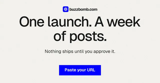 Social ad for BuzzBomb: "One launch. A week of posts." Swiss style, centred layout, light palette in white, blue.