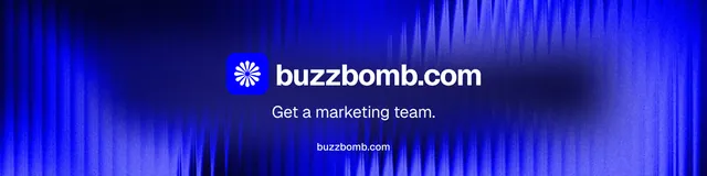 LinkedIn banner for BuzzBomb: "Get a marketing team." Agentic glass style, end card layout, dark palette in blue.