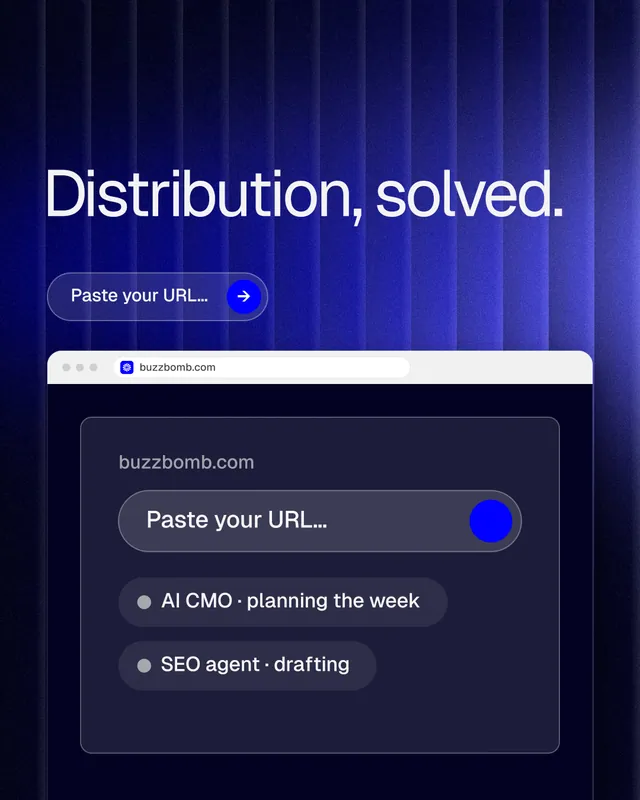 Instagram portrait post for BuzzBomb: "Distribution, solved." Agentic glass style, browser layout, dark palette in blue, black.