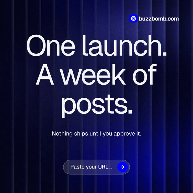Instagram post for BuzzBomb: "One launch. A week of posts." Agentic glass style, centred layout, dark palette in black, blue, grey.