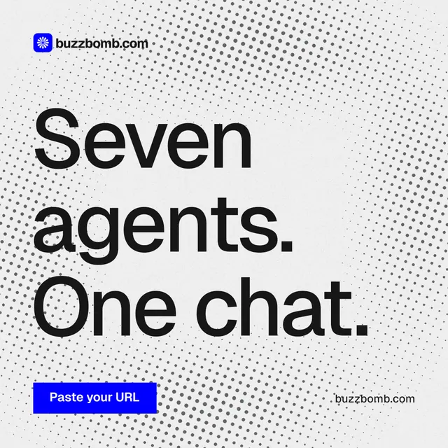 Instagram post for BuzzBomb: "Seven agents. One chat." Split block style, poster layout, light palette in white, grey.