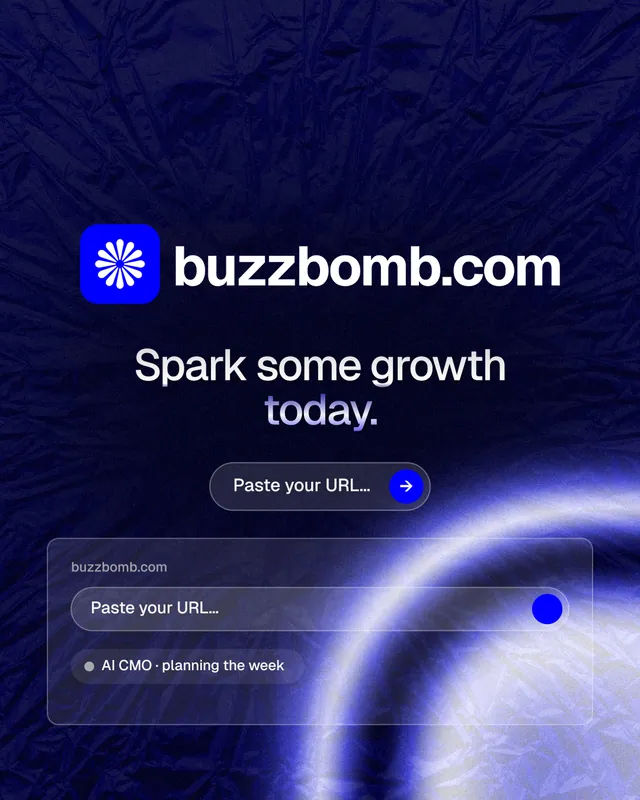Instagram portrait post for BuzzBomb: "Spark some growth today." Agentic glass style, logo hero layout, dark palette in blue, black.