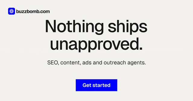 Social ad for BuzzBomb: "Nothing ships unapproved." Swiss style, centred layout, light palette in white, grey.