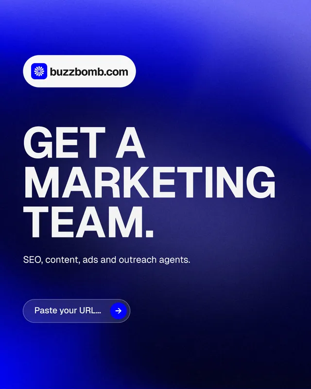 Instagram portrait post for BuzzBomb: "Get a marketing team." Agentic glass style, announce layout, dark palette in blue.